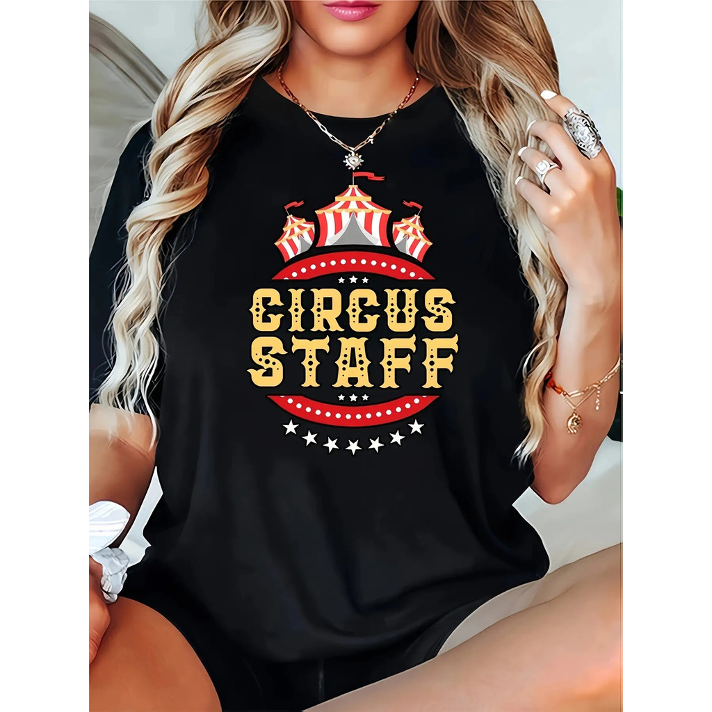 Kaos Grafis 'Staf Sirkus' Wanita.Leher Bulat, Kaos Santai Lengan Pendek| 95%, 5% Spandex Rajut F