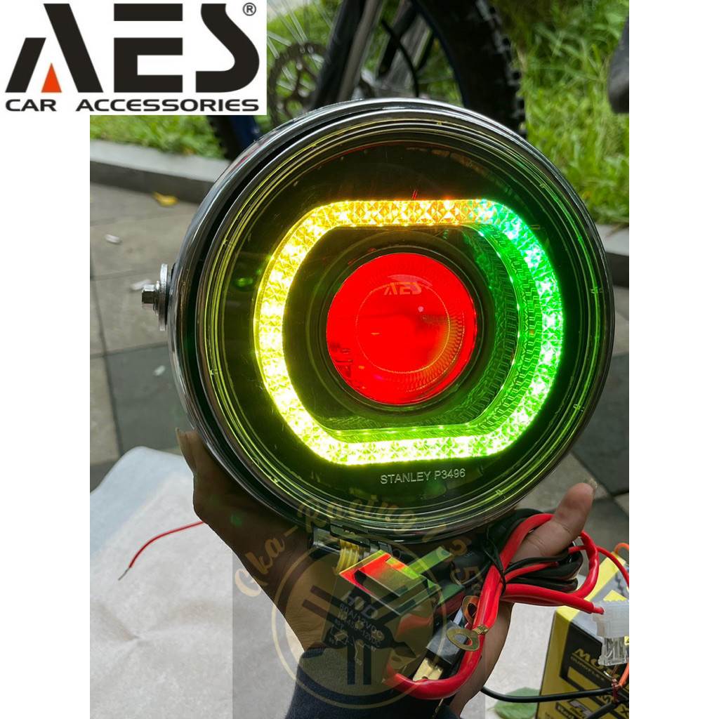 Lampu depan ninja SS biled Aes turbo V2 2,5inch 70 watt shroudnya  3 in RGB +Relay