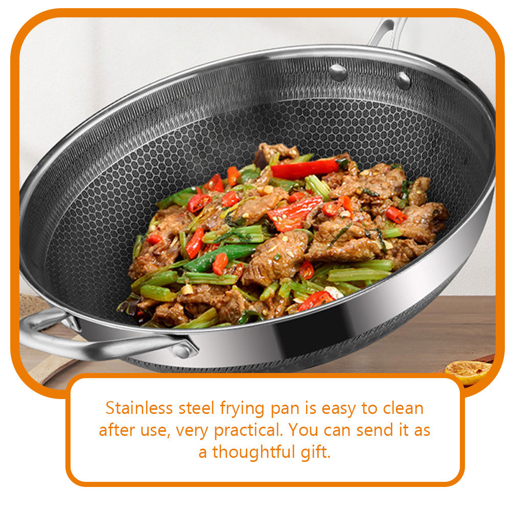 Stainless Steel Double Handle Honeycomb Wok Frying Pan Nonstick Kitchen Pan for Everyday Cooking Sto