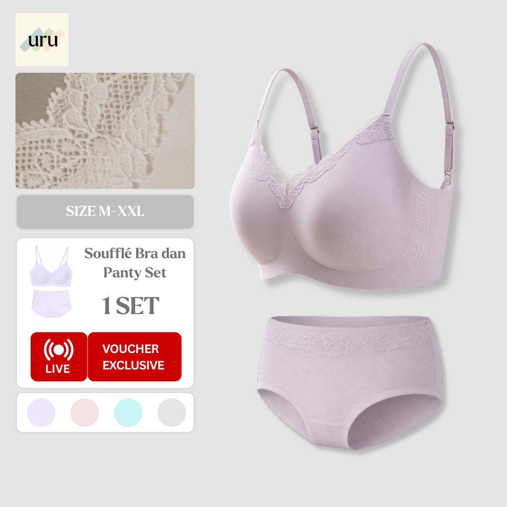 URU [1 SET] Soufflé lucu Renda Daleman Wanita Set | Elegan Bra Push Up Tanpa Kawat bh CD