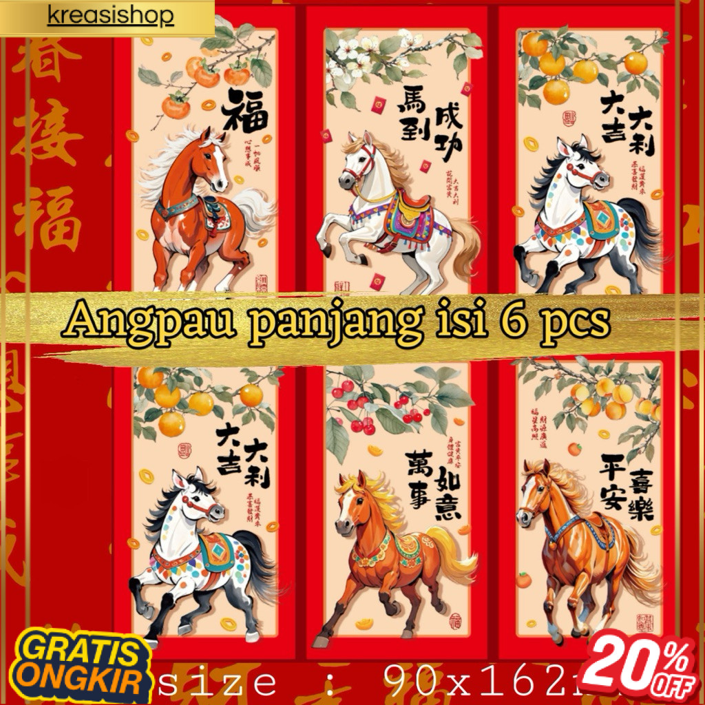Angpao panjang imlek tahun Kuda 2026 hungpau angpau merah besar
