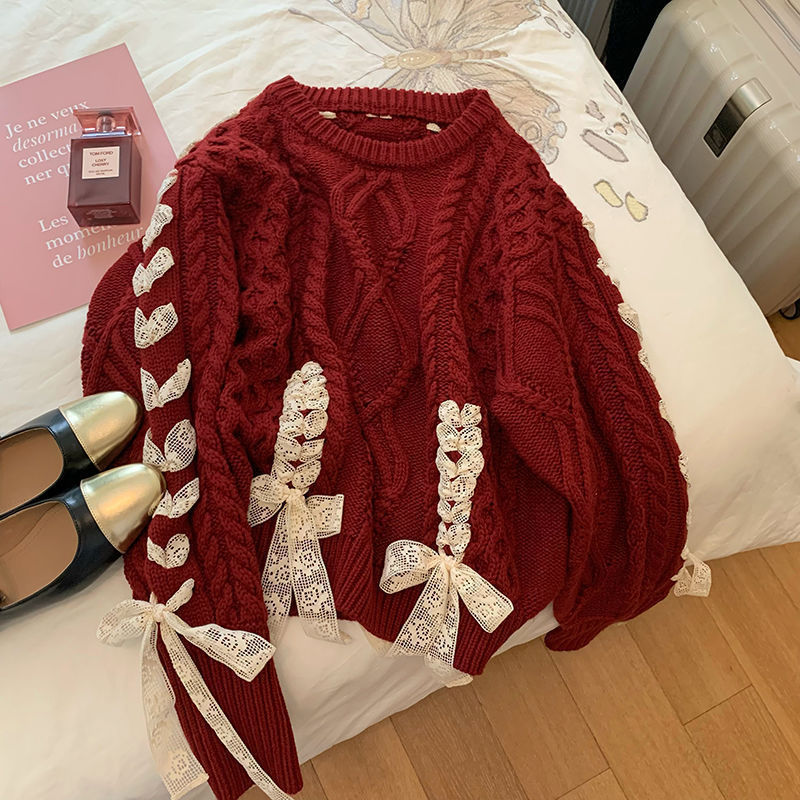 Sweater wanita merah, busur manis, rajutan, mantel, mantel, mantel