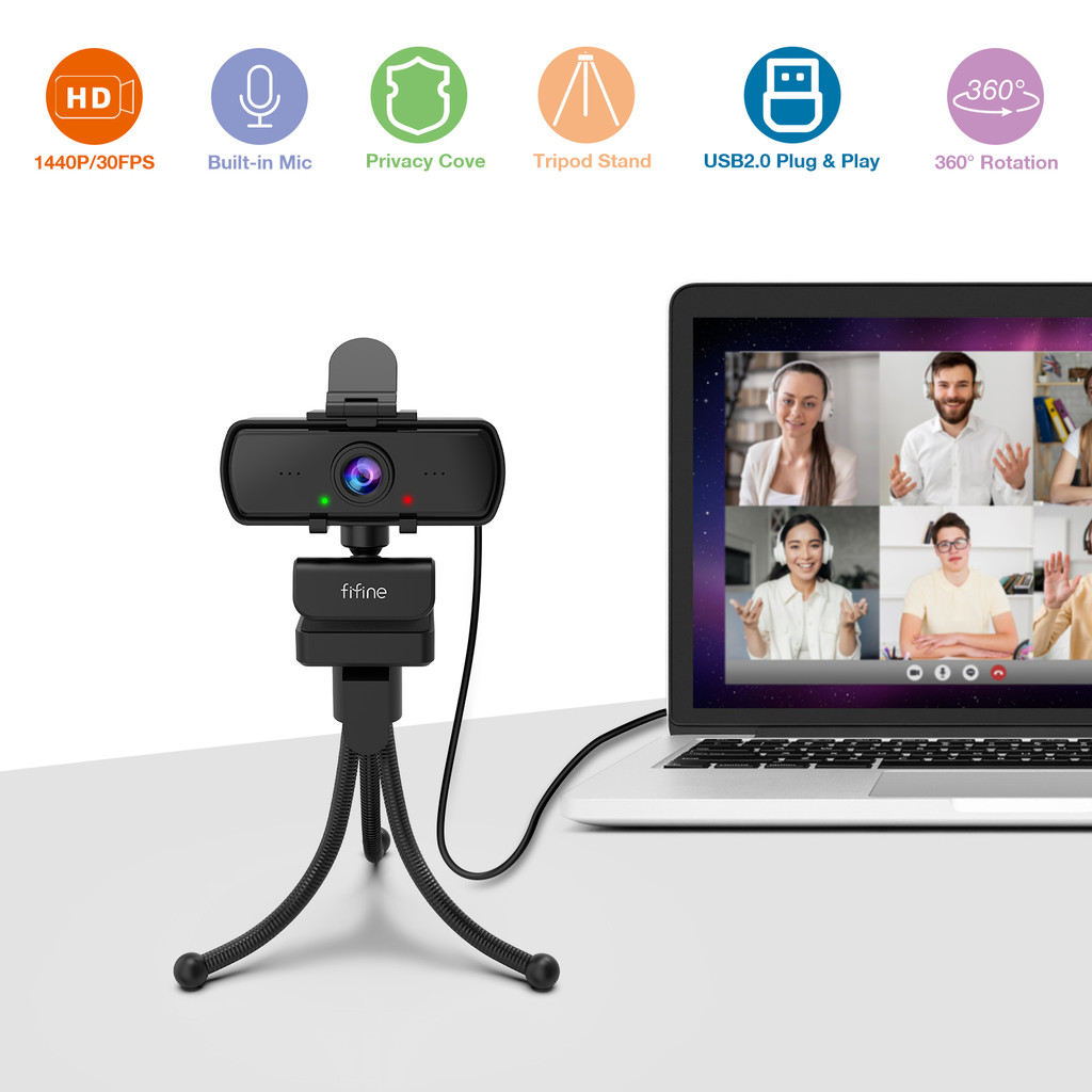 FIFINE 1440p Full HD PC Webcam with Microphone, tripod, for USB Desktop & Laptop,Live Streaming Webc