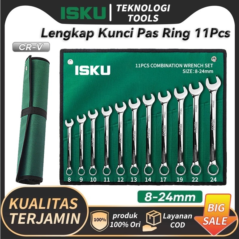 ISKU Kunci Ring Pas Set 11pcs 8-24mm/Dengan Tas Penyimpanan Kunci Pas Set Tools Ring Pas Kunci Set/A