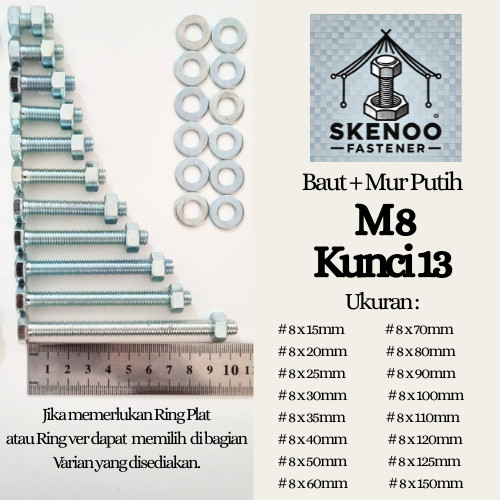 BBT - (10 pcs) Baut Mur Putih, Ukuran M8 Kunci 13, Warna Stainless, Bahan Galvanis Anti Karat
