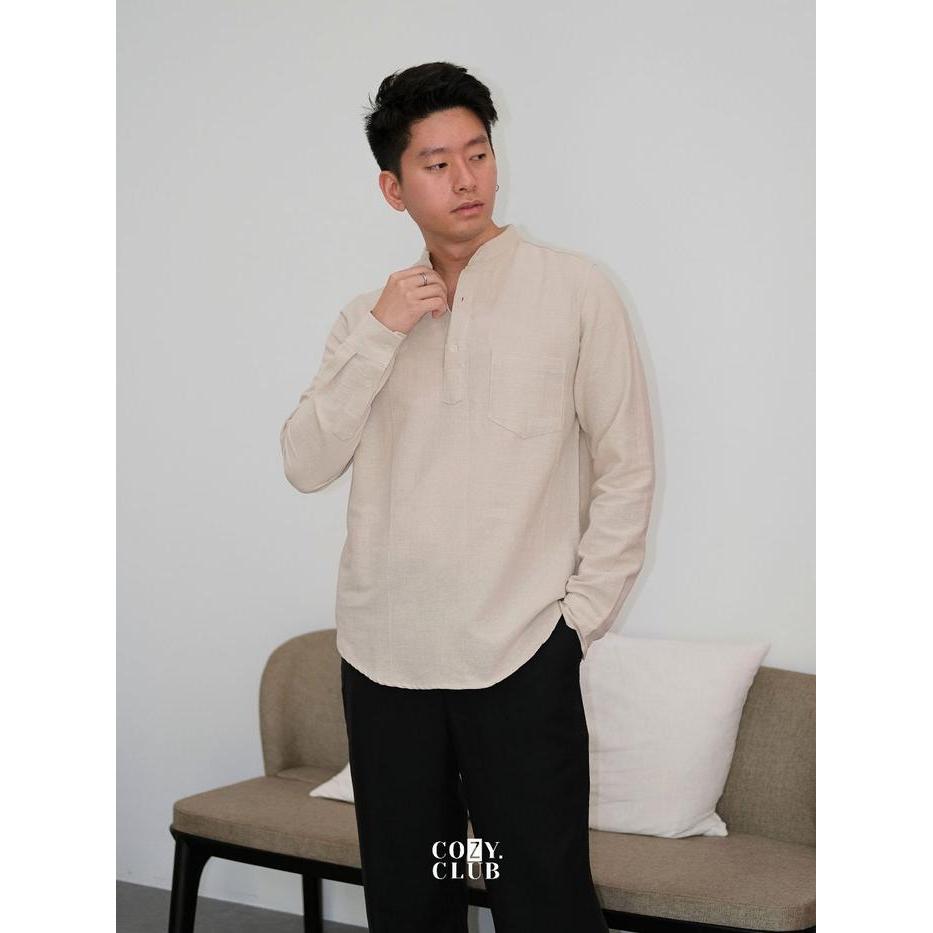 COZYCLUB Linen Koko Polo | Kaos Kerah Koko Pria Lengan Panjang | 171 - Black, S