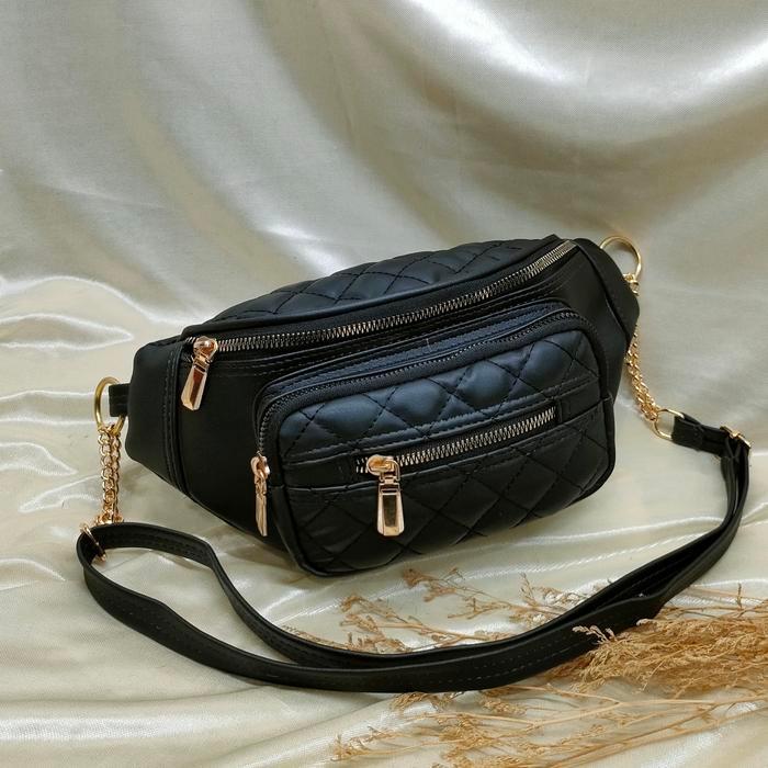 waistbag fashion korea tali rantai minimalis// tas pinggang multifungsi kekinian. - hitam