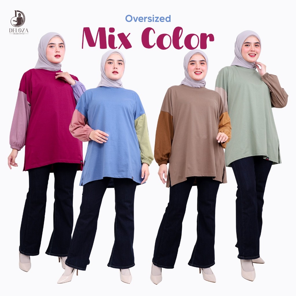 TERLARIS Mix Color Kaos Oversize Wanita Jumbo Lengan Panjang Balon Cotton Combad Kombinasi 3 Warna B