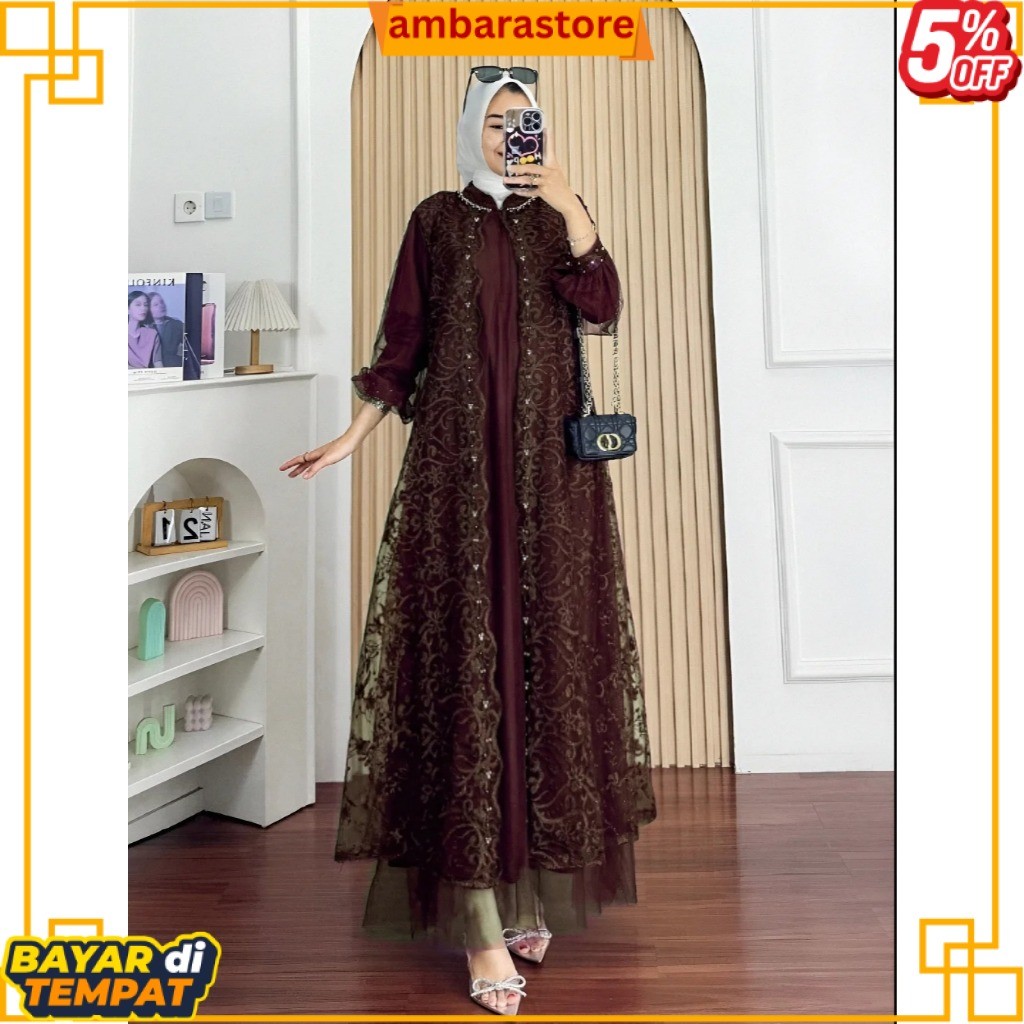 NEW Gamis Brokat Kondangan Model Terbaru Wanita Kekinian Nadine Dress BP Bahan Tille Full Furing Apl