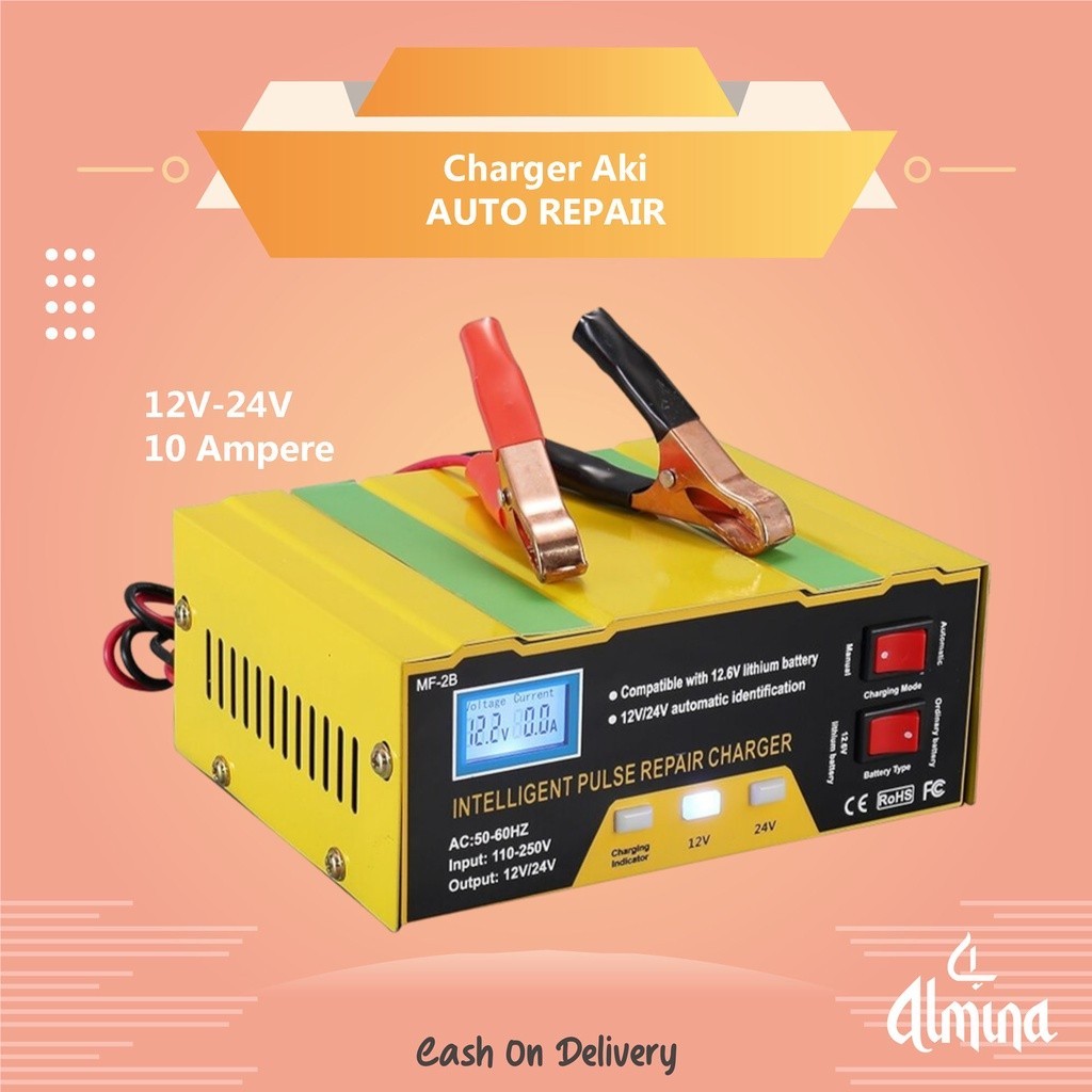 Charger aki 10A 12v 24v Lithium Kering Basah mobil motor truk kapal Aki