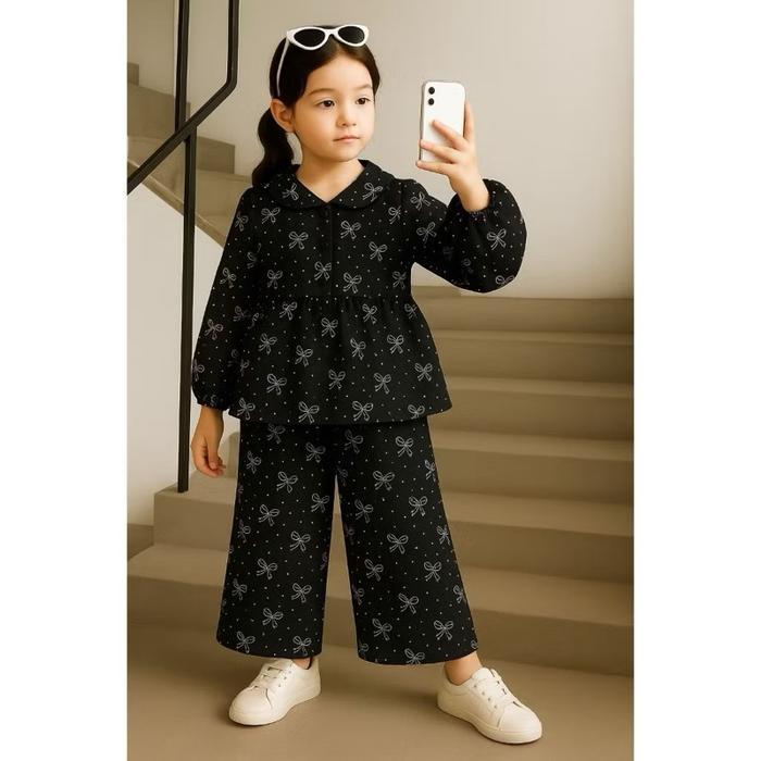 Setelan anak perempuan pakaian anak perempuan motif pita set anak perempuan Muslim - Pita kulot hita