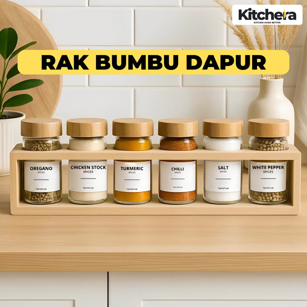 Rak Bumbu Dapur Estetik 6 Botol Kaca Spice Jar Rak Bumbu Kayu Storage Tempat Bumbu Dapur