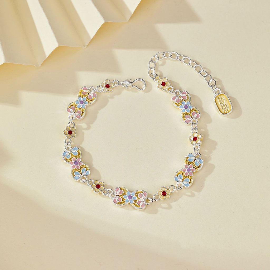 Gelang enamel emas bercat bunga Ruyi, gelang wanita 9999 perak.