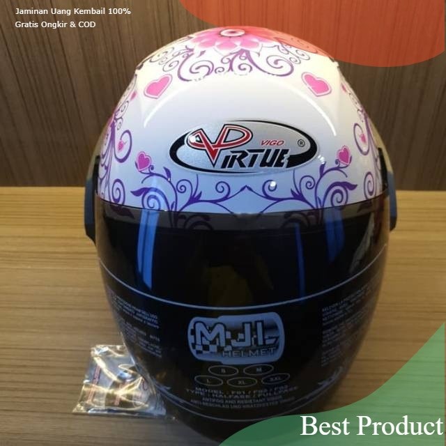 VIRTUE Helm Half Face SNI Wanita Cewek Remaja Dewasa Motif Bunga Flower Kaca Riben Original Size M L