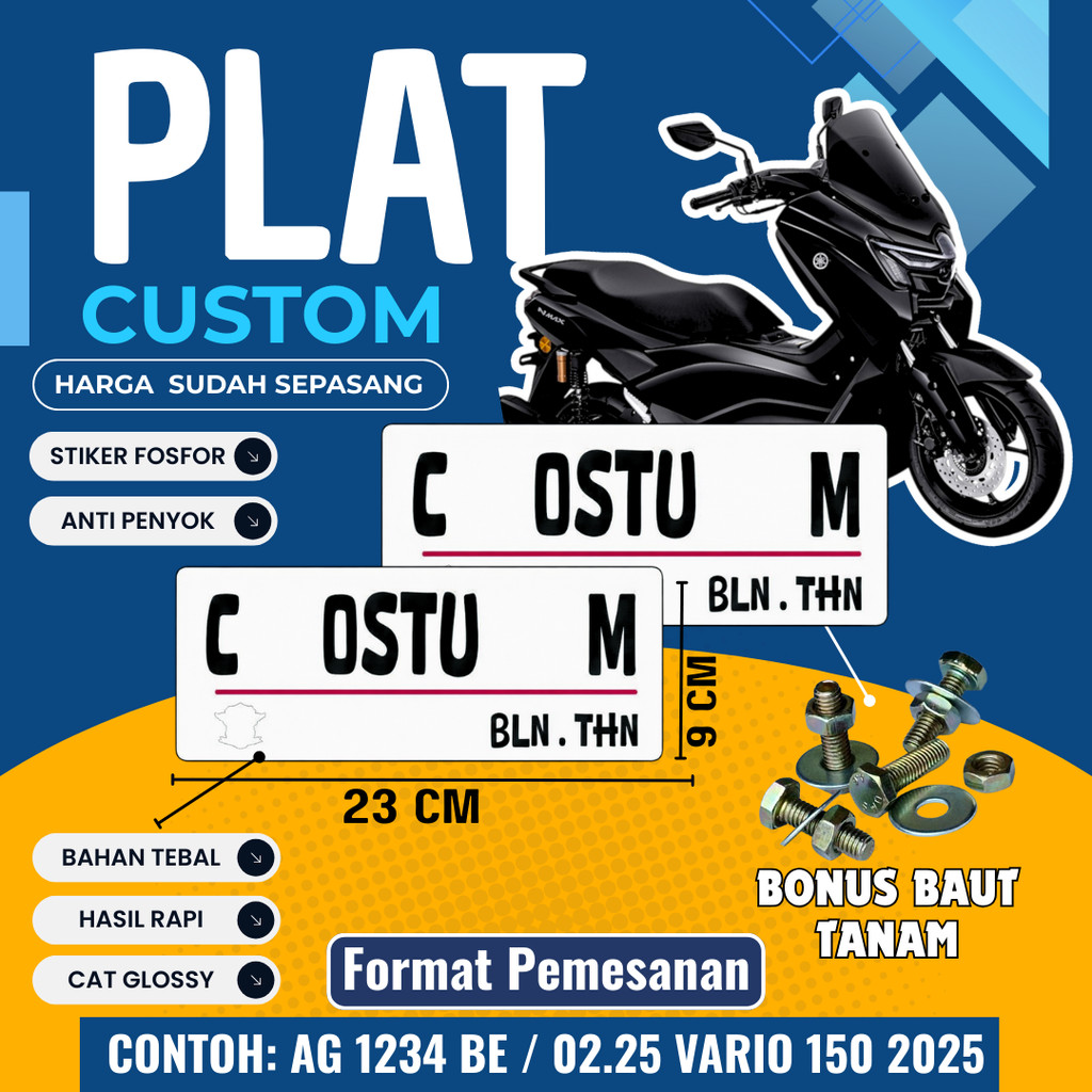 PLAT CUSTOM WARNA PUTIH PLAT CUSTOM SATU PASANG WARNA PUTIH PLAT CUSTOM BAUT TANAM