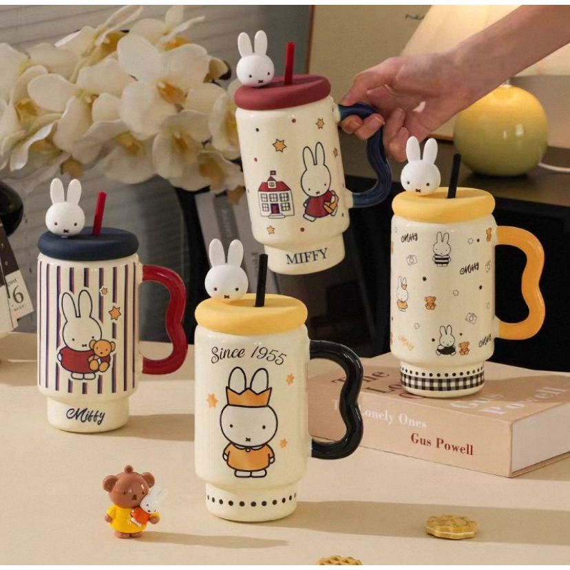 Original Miffy Gelas Mug Gagang Tutup Keramik Kapasitas 600ml Peralatan Minum Multifungsi Karakter K