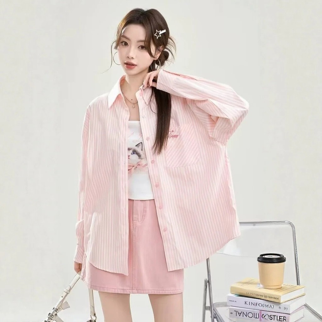 Kemeja bergaris wanita, gaya Korea, atasan kemeja bergaris pink bordir retro