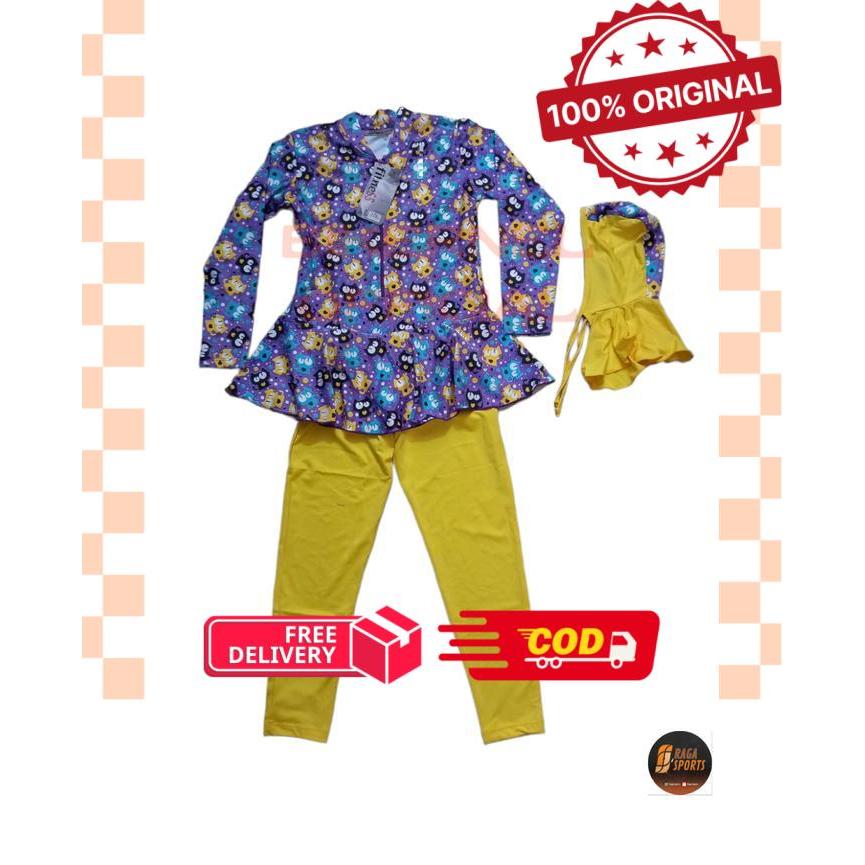 Baju Renang Muslim Anak Fitnes Kartun Gambar Lucu Import - M-KUCING KUNING