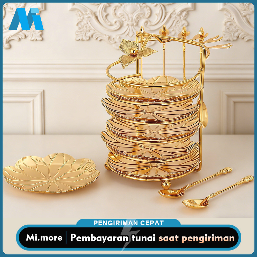 Mi.more Set Piring Makan Emas dengan Dudukan: Piring Buah Gaya Eropa / Piring Kue dengan Sendok dan 