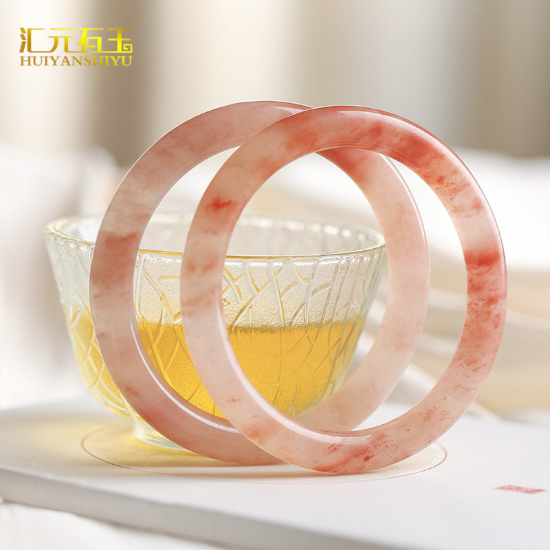 Gelang Bulat Giok Merah Muda Bunga Persik untuk Wanita, Gelang Giok Merah Muda Bunga Sakura She Taic