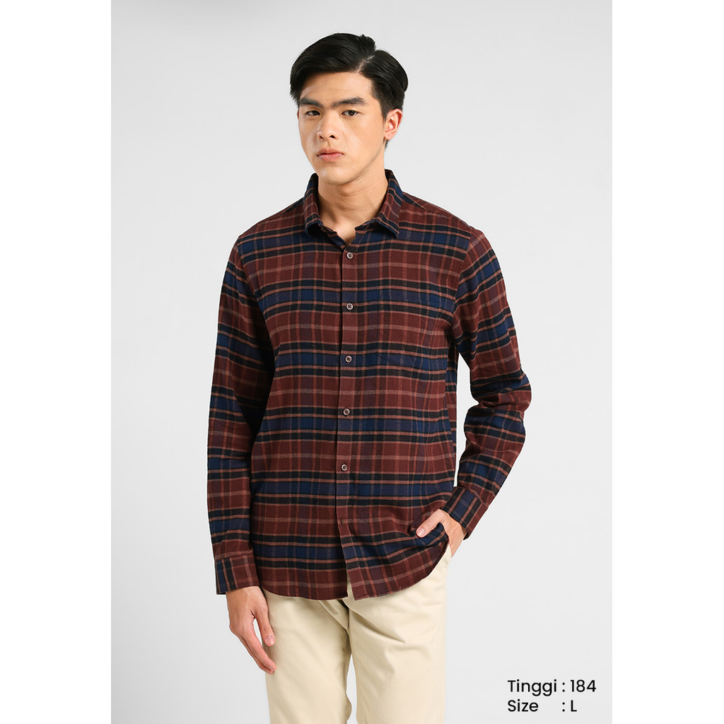 MANZONE - Kemeja Kotak-Kotak Lengan Panjang Pria Kaysen 02 Modern Fit - Brown