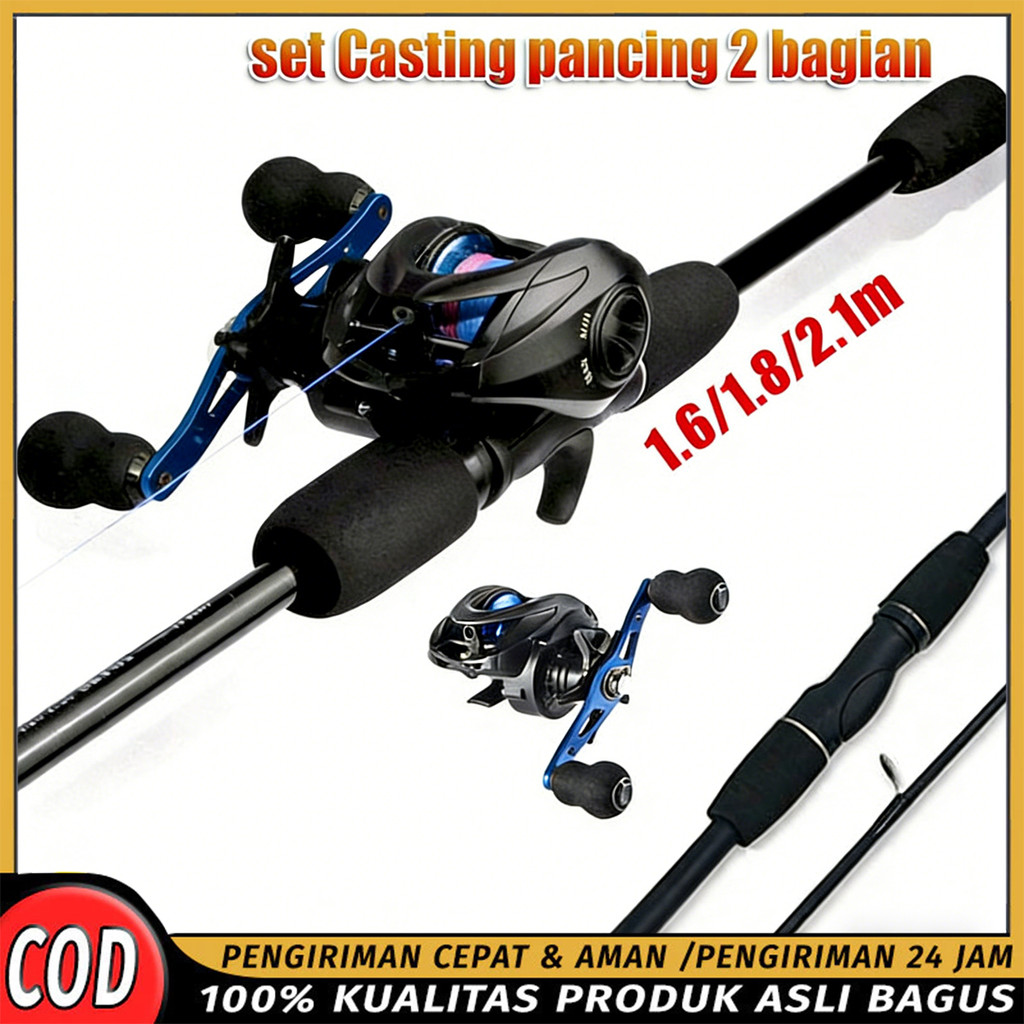 Pancing 1set lengkap kuat Set Tongkat & Gulungan Pancing 1.8m 2.1m 2 Bagian Casting Tongkat Spinning