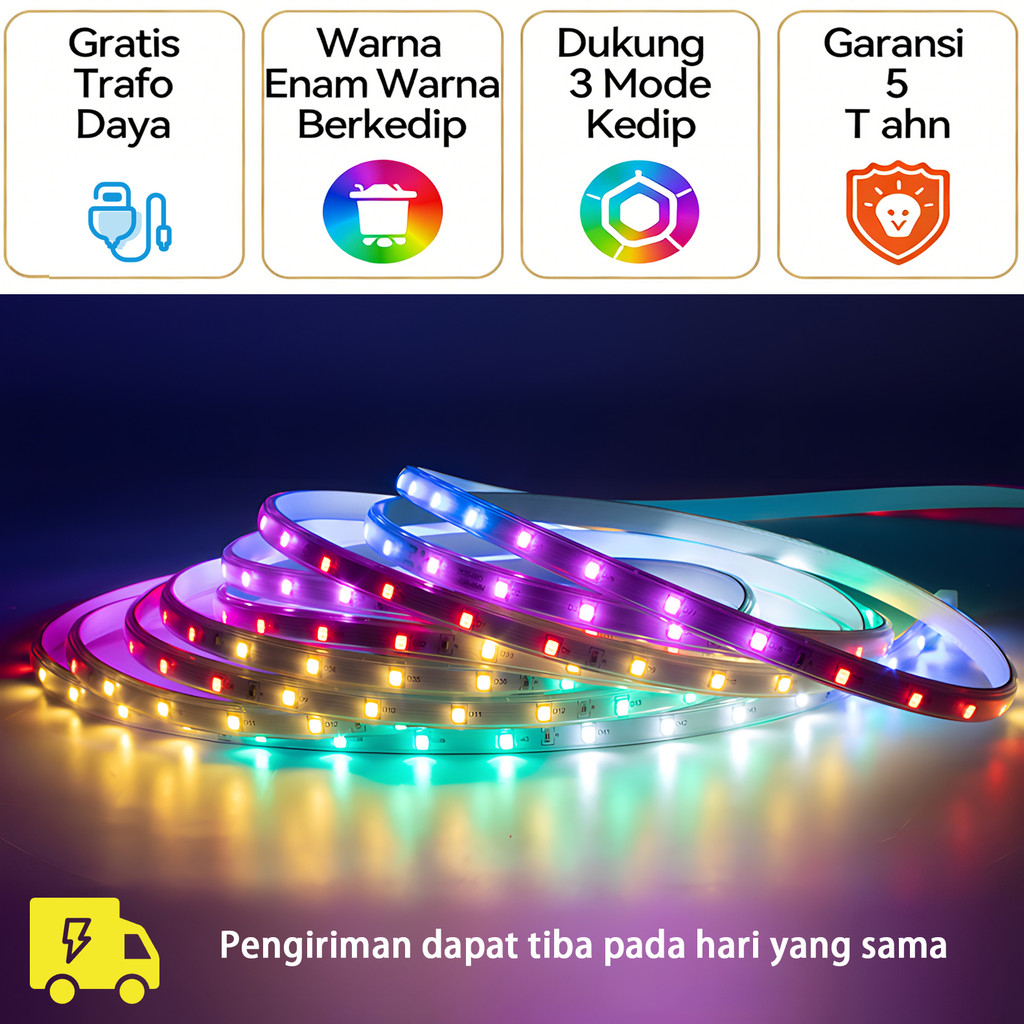 LAMPU LED STRIP BERKEDIP WARNA RGB DENGAN 3 MODE 220V LAMPU DEKORATIF LIBURAN OUTDOOR TERMASUK ADAPT