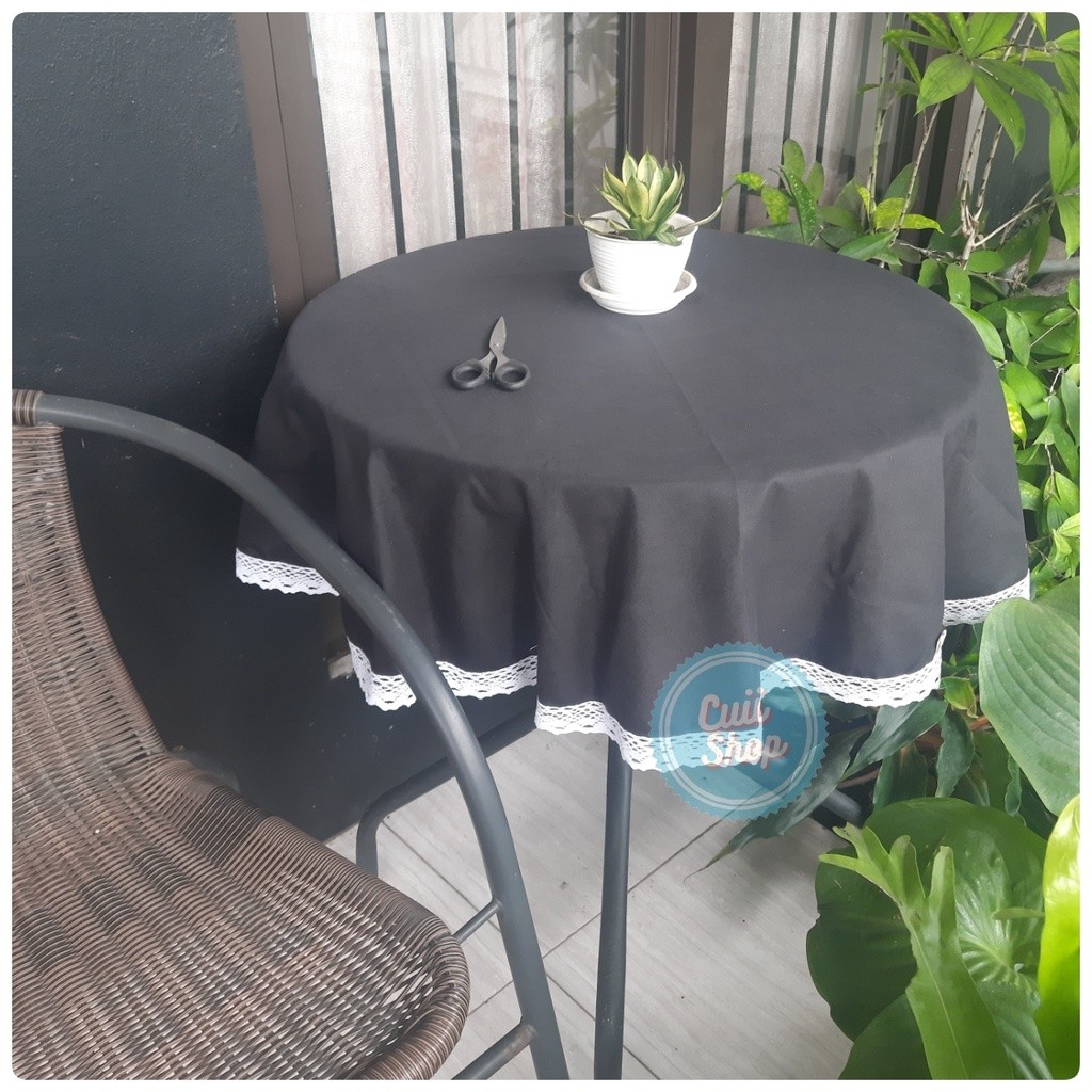 Taplak MEJA BULAT Kain POLOS Keliling RENDA Rajut Ukuran Kecil dan Besar Elegan Kekinian Bahan Katun