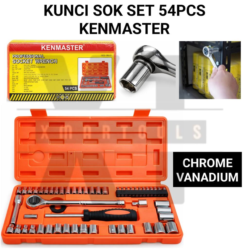 Kunci Sok Set 54PCS Kenmaster Original / Kunci Shock Lengkap + Ratchet / Socket Chrome Vanadium