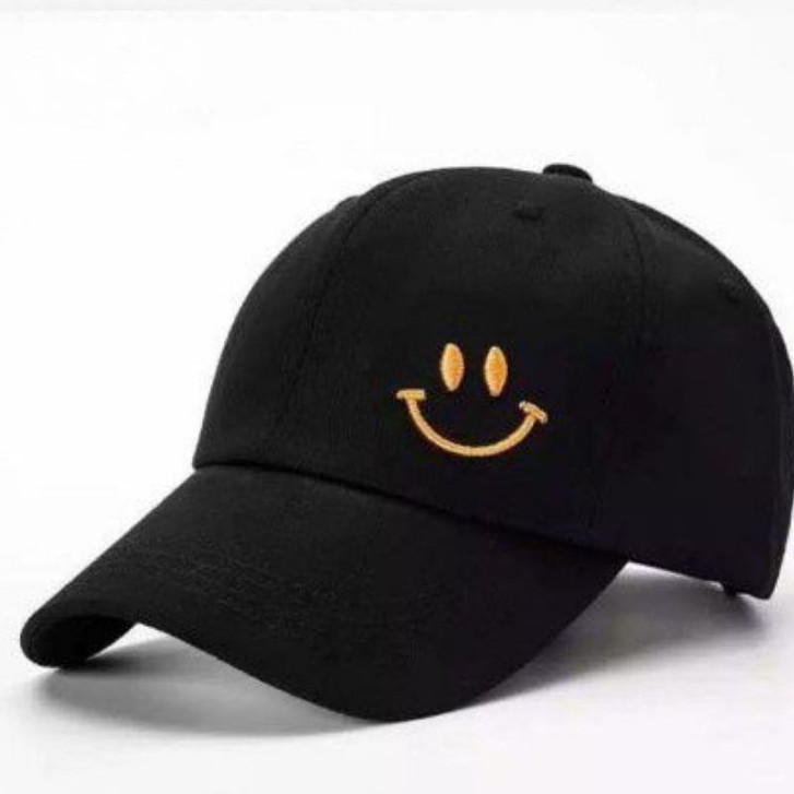 DISKON 50 % Topi Bisbol Hats Pria Wanita Distro Smile Bordir Samping Hitam Kekinian Keren Berkualita