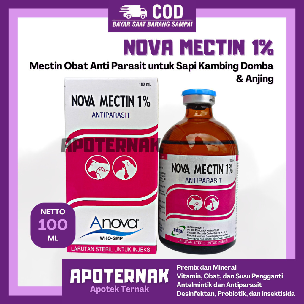 NOVA MECTIN 100ml - Obat Anti Parasit Cacing Gudik Kutu Caplak untuk Sapi Kambing Domba dan Anjing |