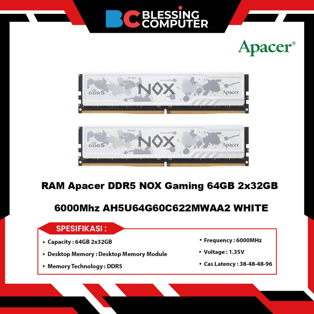 RAM Apacer DDR5 NOX Gaming 64GB 2x32GB 6000Mhz AH5U64G60C622MWAA2 WHITE