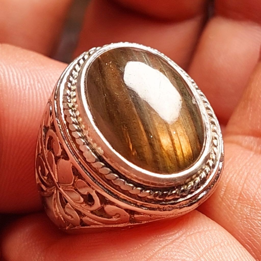 Cincin natural batu Labrador kerlap kerlip cantik Ring Alpaka super mewah rindu akik