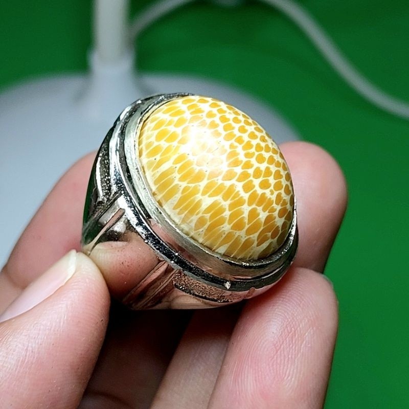 Cincin Batu Akik Kayu Liwung Putih Vintage Mewah / C13 permata