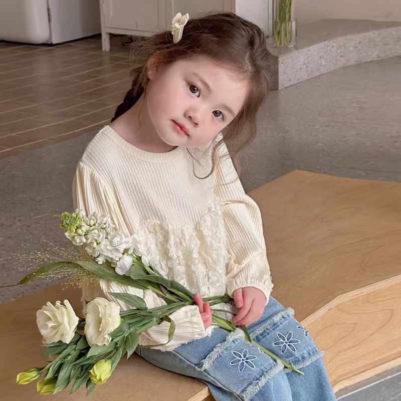 One Set Setelan Anak Perempuan Lebaran Atasan Brokat Tile + Celana Jeans Panjang Baju Anak Perempuan