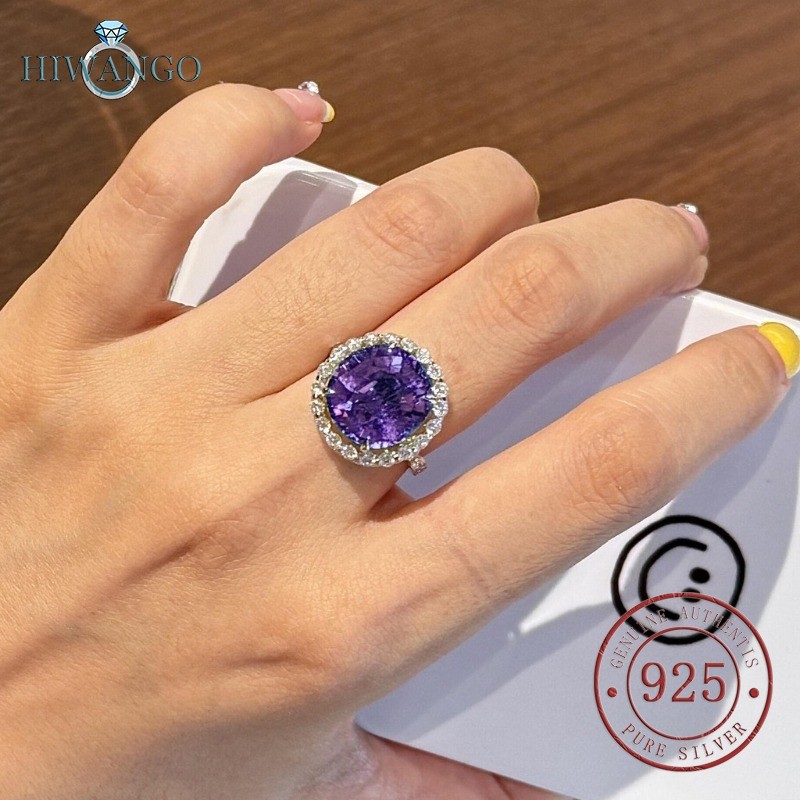 HIWANGO Cincin Terbuka Zircon Bulat Ungu Zircon 5A Perak 925 Untuk Wanita