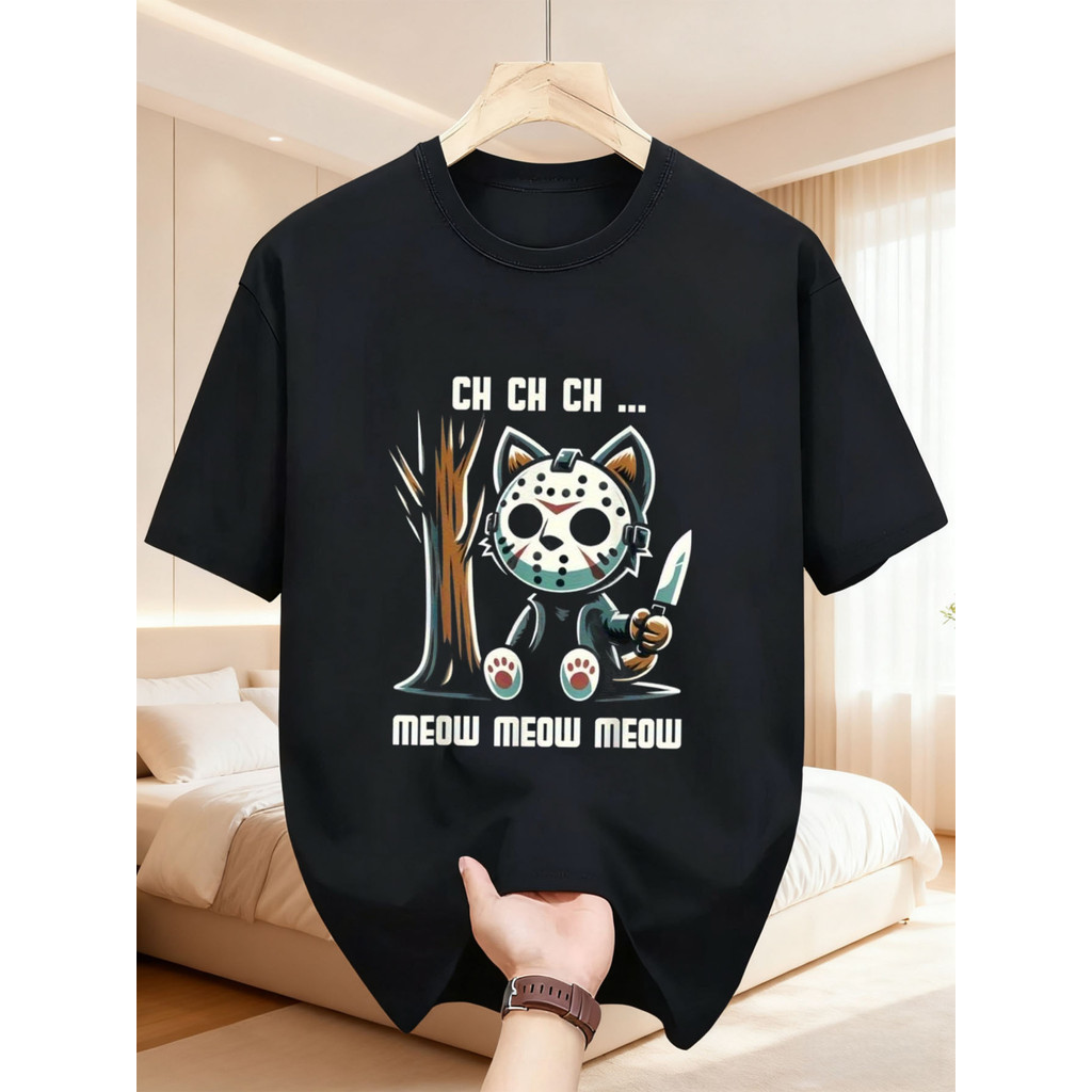 Kaos Hitam Pria dengan Cetakan Kucing Lucu dan Topeng Horor, Katun Murni, Nyaman & Bergaya, Kain Ela