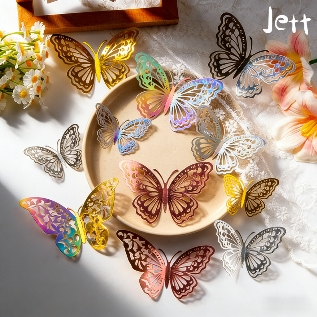 12Pcs Dekorasi Kue Kupu-Kupu 3D Berongga Multicolor Kreatif - Hiasan Kue Ultah Cupcake Pesta Anak & 