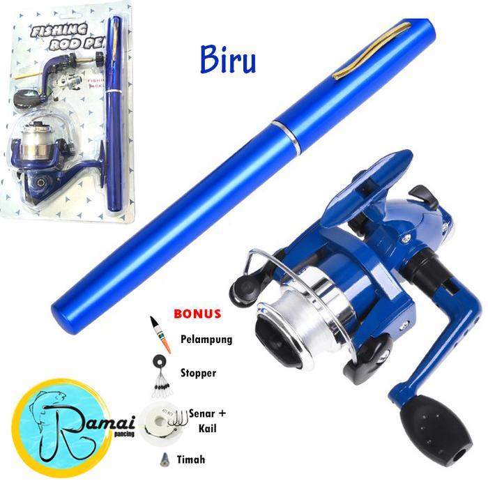 Satu set Joran Pen mini alat pancing pulpen casting dan spinning - Spinning biru