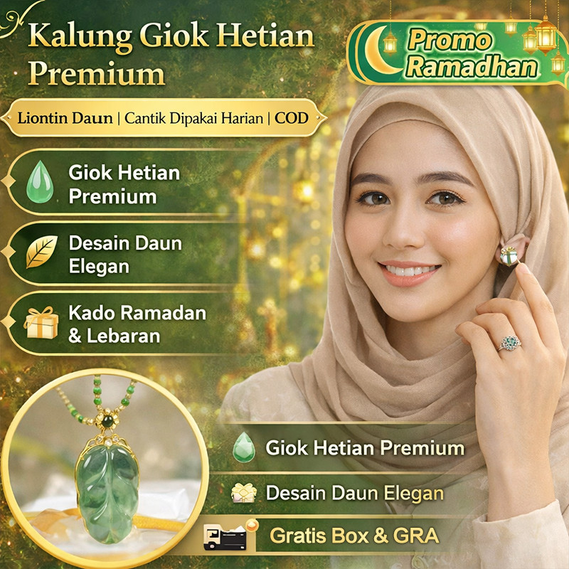 Kalung Hijab Liontin Batu Giok Hijau Desain Golden Leaf Mewah Aksesoris Fashion Lebaran  Kondangan  
