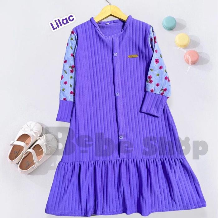 PROMO LEBARAN Gamis anak perempuan model keknian bahan knit kombinasi lengan bunga untuk 1 sampai 12