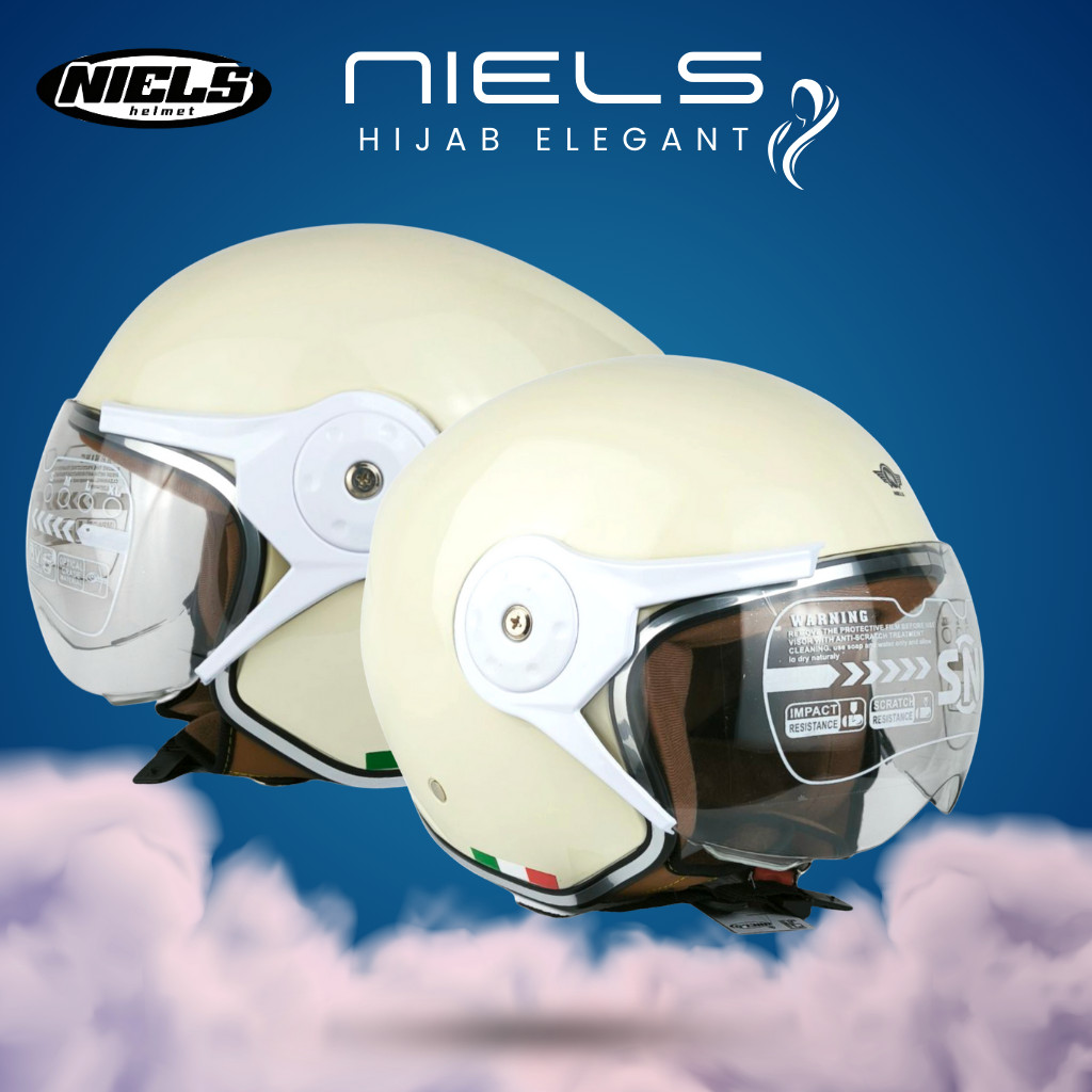 HELM BOGO NIELS HIJAB ELEGANT WANITA DEWASA RAMAH HIJABERS KACA PILOT SNI DOT ORIGINAL CREAM GLOSSY