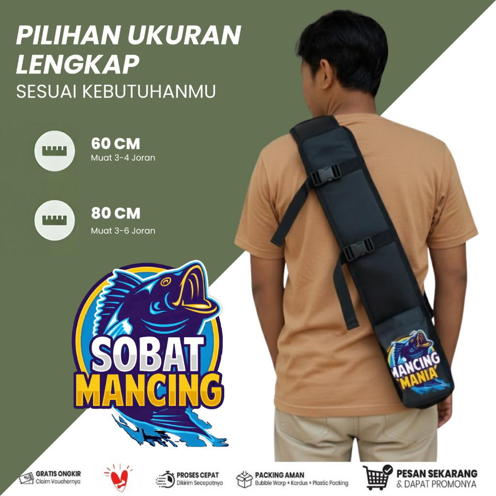 Tas Mancing Waterproof Bahan Tebal – Ransel Gendong 60cm - 80cm untuk Joran & Alat Pancing