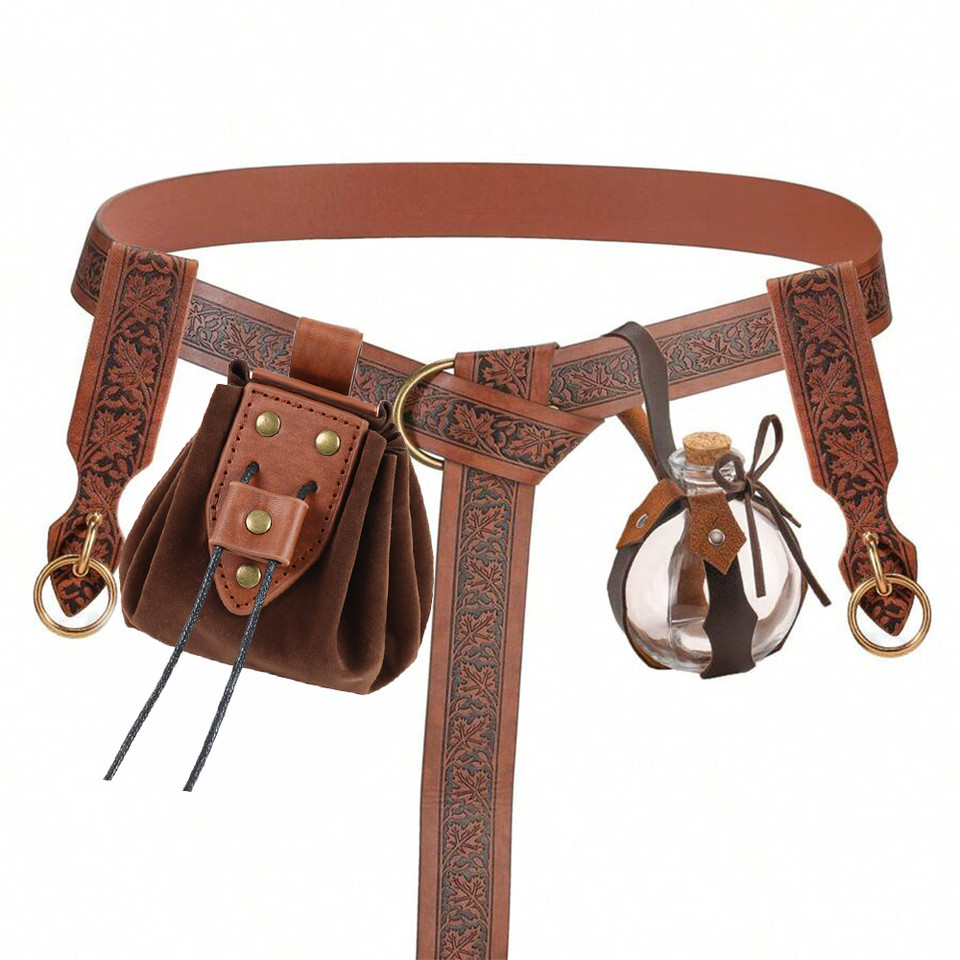 1/6PC Halloween Medieval Cosplay Costume Accessories Set Brown Leaf Belt Waist Bag And Skirt Clip Ma