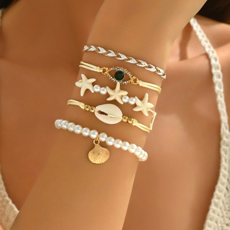Gelang Tali Tangan Kerang Laut Bintang Laut Butir Beras Mata Bohemia Beranyam Lima Set/Gelang Kerang