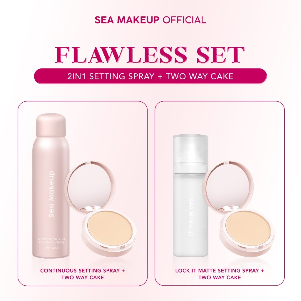 Bundle 2in1 Sea Makeup Two Way Cake + Setting Spray – Bedak Two Way Cake & Powder Foundation untuk W