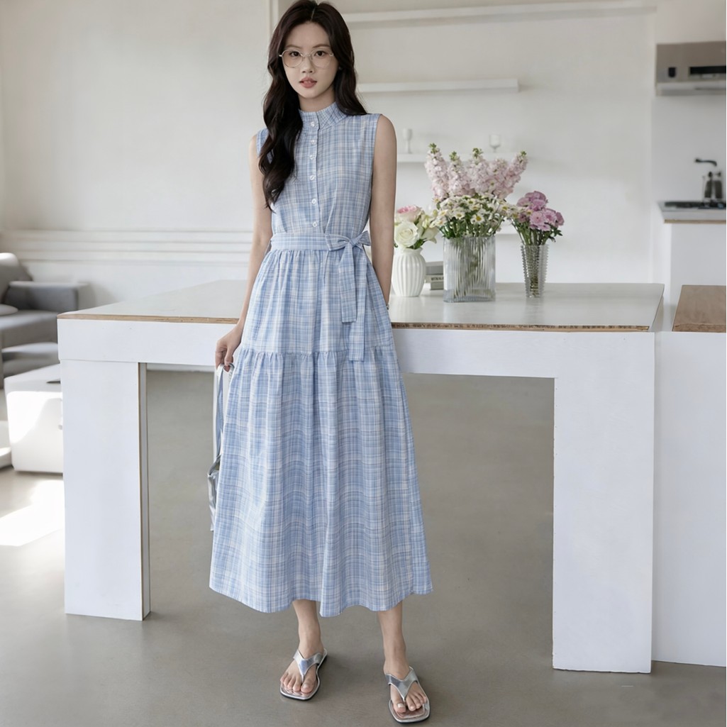 Gaun Midi Kotak-Kotak Biru Lembut Tanpa Lengan / Dress Kondangan Kasual Wanita M729