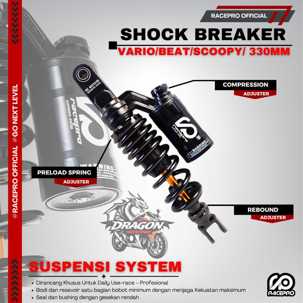 RACEPRO SHOCK BREAKER SUSPENSI BELAKANG VARIO BEAT SCOOPY GENIO SHOCK TABUNG 330 MM SHOCK BELAKANG O