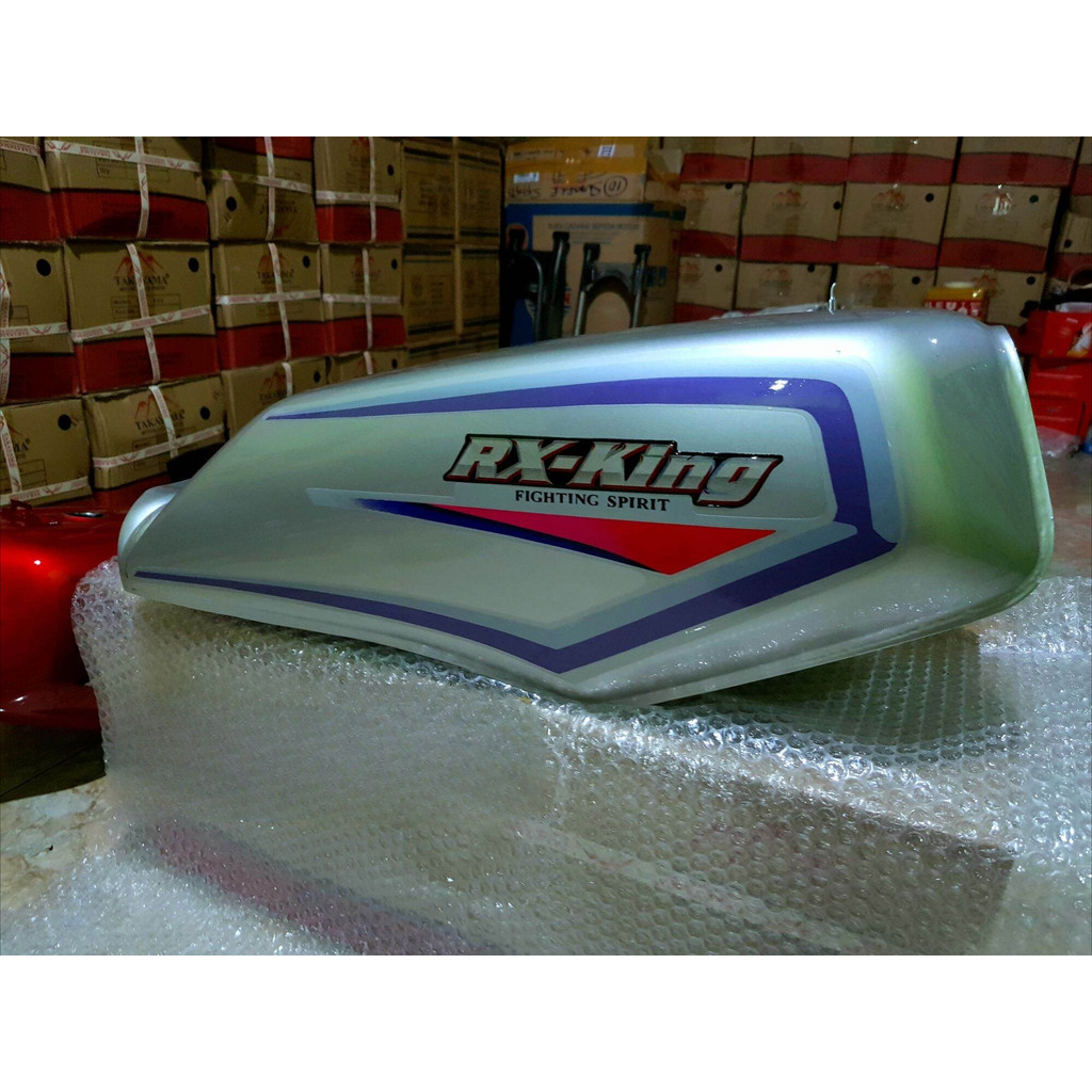 TANGKI YAMAHA RX KING TENGKI BENSIN RX KING TAHUN 2001 WARNA SILVER PLUS STIKER LIS BIRU PINK