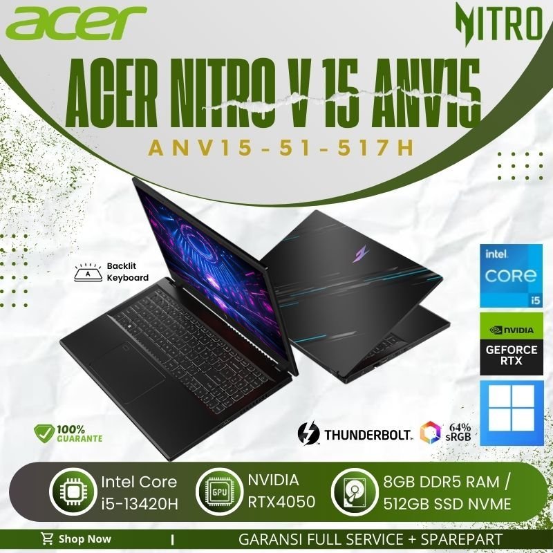 Laptop Gaming ACER Nitro V15 ANV15 51 517H RTX4050 Intel Core i5 13420H 8GB 512GB SSD 15.6" FHD 144H